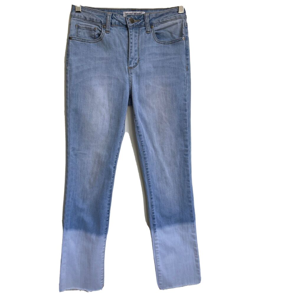 Velvet Heart Jeans Cropped Mid Rise White Dip Dye Raw Edge Stretch Denim 26